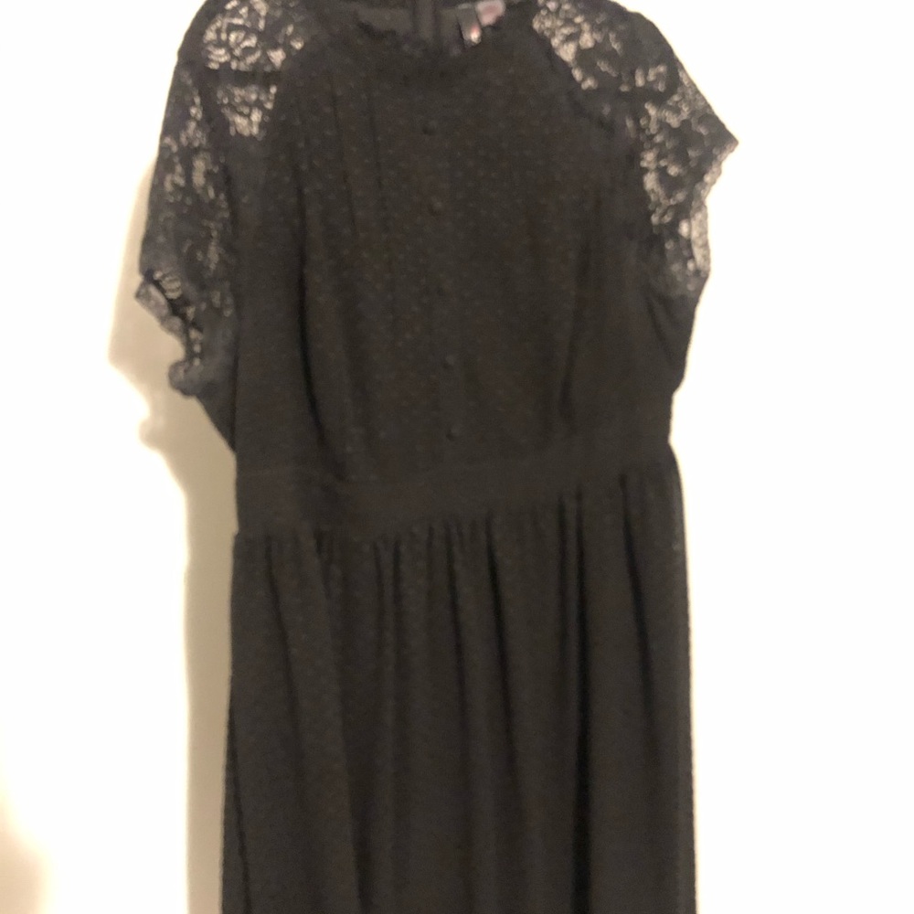 Lace cap sleeve midi dress with high collar